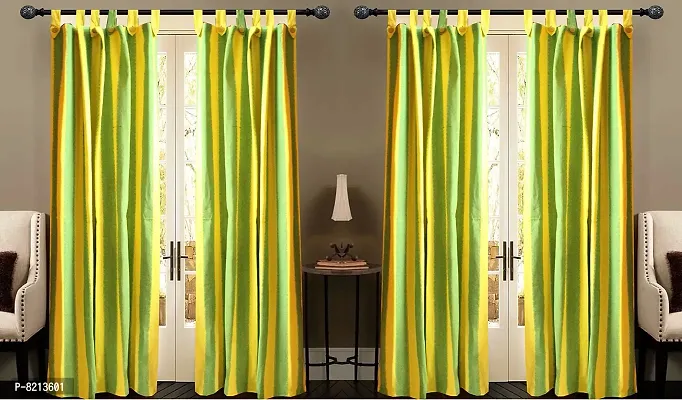 Green Yellow Strip Loop Door Curtain Set of 4 100% Cotton-thumb3