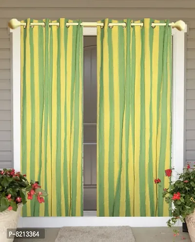 Green Yellow Stripe Loop Window Curtain Set of 4 100% Cotton,5feet-thumb4