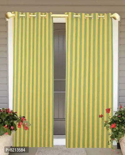 New Ladies Zone Green Yellow Stripe Window Curtains Set Of 2 Pc 100%Cotton