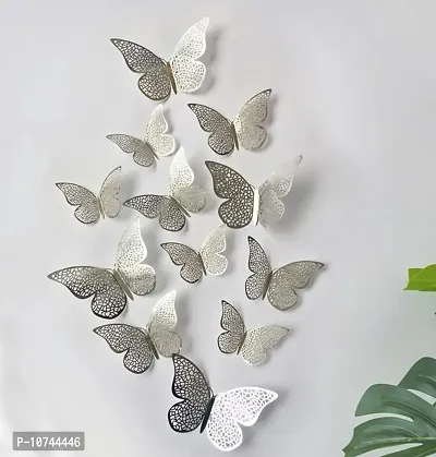 JAAMSO ROYALS Silver 3D Butterefly Self Adhesive Living Room Bedroom Kitchen D?cor Wall Sticker (Set of 12)