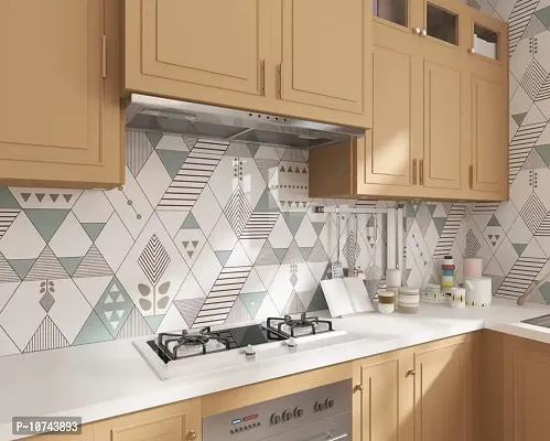 JAAMSO ROYALS White and Light Green Triangle Design Vinyl Oil Proof Rust Proof Kitchen Wallpaper (200 cm X 60 cm )