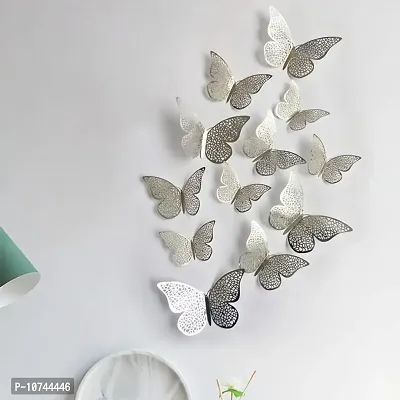 JAAMSO ROYALS Silver 3D Butterefly Self Adhesive Living Room Bedroom Kitchen D?cor Wall Sticker (Set of 12)-thumb5