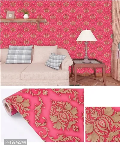 JAAMSO ROYALS Pink and Yellow Damask Vinyl Peel and Stick Self Adhesive Home Decor Wallpaper (200 cm X 45 cm)-thumb0