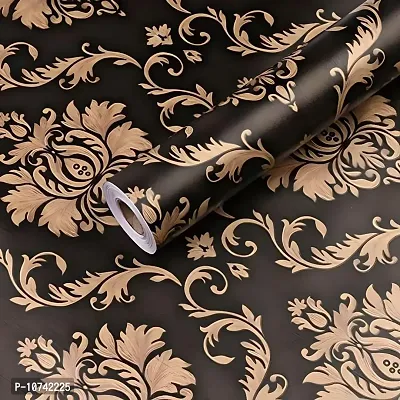 JAAMSO ROYALS Black Color with Golden Damask Vinyl Peel and Stick Self Adhesive Home Decor Wallpaper (200 CM X 45 CM )-thumb0