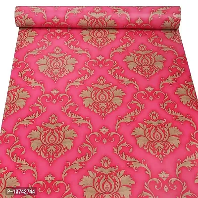 JAAMSO ROYALS Pink and Yellow Damask Vinyl Peel and Stick Self Adhesive Home Decor Wallpaper (200 cm X 45 cm)-thumb4