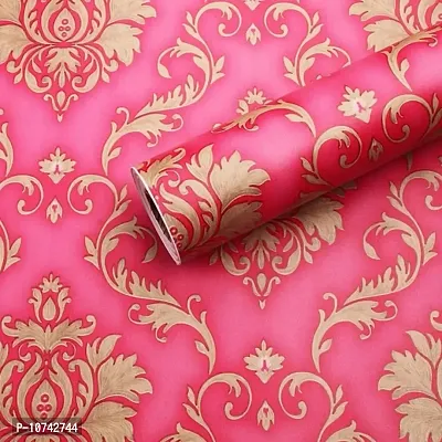 JAAMSO ROYALS Pink and Yellow Damask Vinyl Peel and Stick Self Adhesive Home Decor Wallpaper (200 cm X 45 cm)-thumb3
