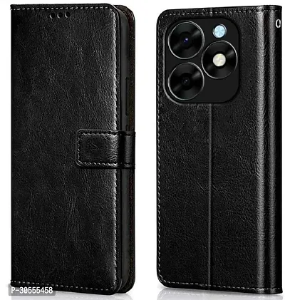 Coverblack Dual Protection Artificial Leather,Rubber Flip Cover For Spark Go 2024 ,Tecno Pop8Gravity Black