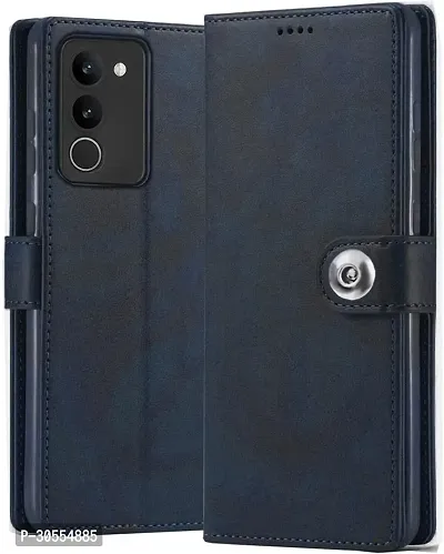 Coverblack Matte Finish Artificial Leather,Silicon Flip Cover For Vivo V2307 , Vivo_Y200 5GNavy Blue-thumb0