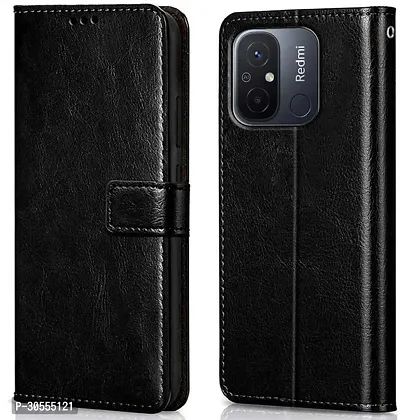 Coverblack Dual Protection Artificial Leather,Rubber Flip Cover For Redmi 12CVenom Black-thumb0