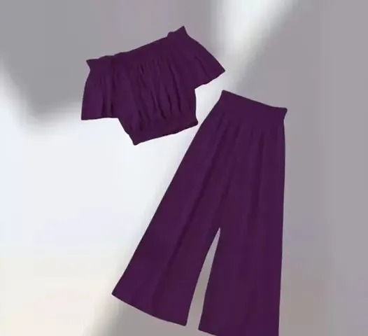 Contemporary Purple Crepe Solid Top And Bottom Sets For Women