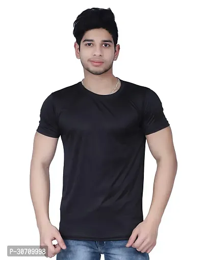 Elegant Black Nylon Solid Round Neck Tees For Men-thumb0