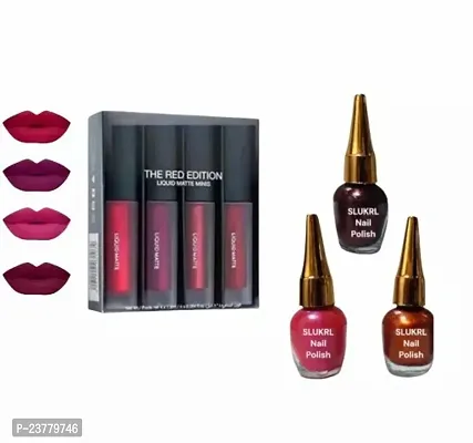 Combo Set 4 In 1 Red Mini Matte Edition Liquid Lipstick And 3 Color Nail Polish Multicolor Pack Of 7