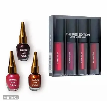 Matte Finish Red Edition Liquid Lipstick And 3 Color Nail Polish Pack Of 4-thumb0
