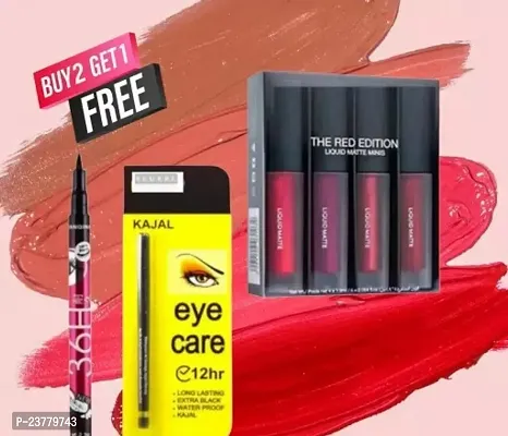 Combo Special Pack 4 In 1 Red Mini Liquid Matte Lipstick And Black Eyeliner Pencil And Black Kajal Pencil  Water Proof Long Lasting For Women And Girls Lips Pack-thumb0