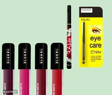 Combo Pack Multicolor Red Matte Liquid Lipstick And 36H Eyeliner Pencil And Black Kajal Waterproof Longlasting Smudgeproof