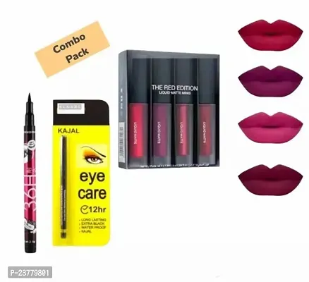 Combo Pack Red Edition Matte Liquid Lipstick 4 In 1 Multicolor And Black Kajal Pencil With Black 36H Eyeliner Pencil Pack Of 6