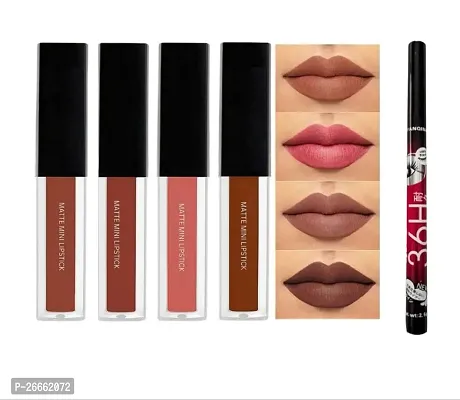 SLUKRL Liquid Matte Minis Lipstick Brown Edition, 8-ml with 36H Waterproof Liquid Eyeliner Pencil - (Pack of 5)