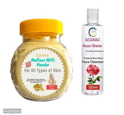 Multani Mitti Face Pack Powder 100% Natural/Chemical Free and 120 ml Rose Water/Gulab jal pack of 2