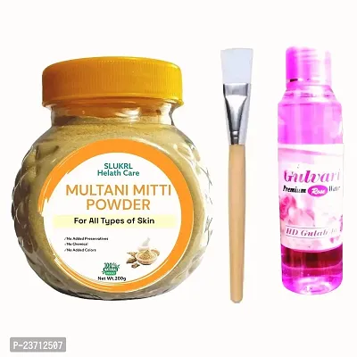 Multani Mitti Face Powder 100% Chemical  Free and Makeup Brush with Gulabjal Rose Water 120ml