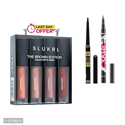 SLUKRL Nude Brown Matte Lipstick 4 in 1 and black kajal Pencil With Black Eyeliner Pencil water proof