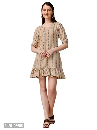 Lokelma Women's Printed Cotton Round Neck Lightweight and Comfortable Mini Ethinic Wear Western Dress (R-1132)
