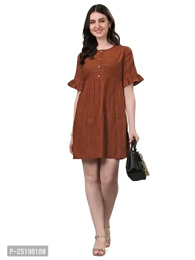 Lokelma Women's Printed Cotton Round Neck Half Frill Sleeve Mini Ethinic Wear Western Dress (R-1052-Orange-Large)