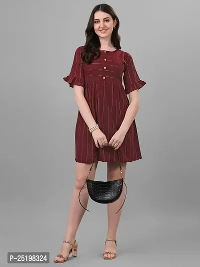 Lokelma Women's Printed Cotton Round Neck Half Frill Sleeve Mini Ethinic Wear Western Dress (R-1051-Maroon-Large)-thumb4