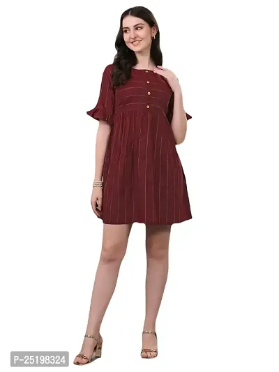 Lokelma Women's Printed Cotton Round Neck Half Frill Sleeve Mini Ethinic Wear Western Dress (R-1051-Maroon-Large)