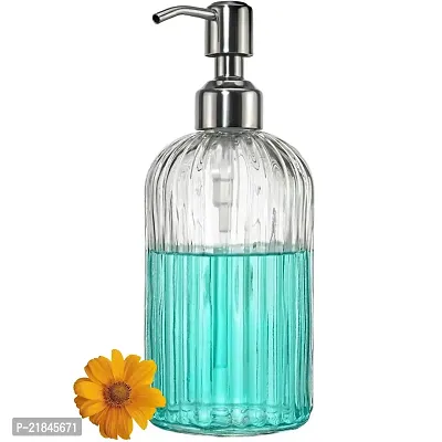 Luximal Pack of 1 Stripe Design Refillable Clear Glass Soap Dispenser Bottle with Rust Proof Premium Plastic Pump for Kitchen, Washroom, Bathroom, Basin, Liquid Lotion Soap Dispenser - 400 Ml