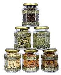 Luximal Set of 6 Decorative Oxidized Airtight Hexagon Glass Jar For Kitchen Storage Container, Spice Jar Set, Wedding Gift Item, Dried Masala Storage With Unique Design Rust Proof Gold Lid 250 Ml-thumb2