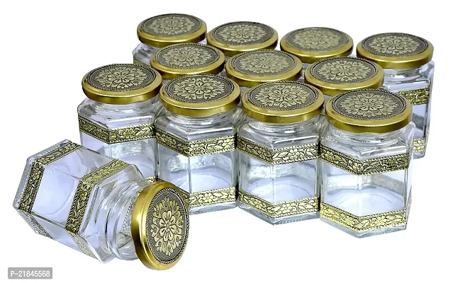 Luximal 250 ML Decorative Oxidized Airtight Hexagon Glass Jar For Kitchen Storage Container, Spice Jar Set, Jam, Honey, Jelly, Wedding Gift Item, Dried Masala Storage With Unique Design Rust Proof Gold Lid