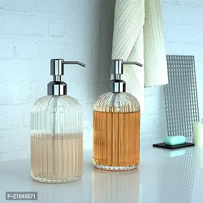 Luximal Pack of 1 Stripe Design Refillable Clear Glass Soap Dispenser Bottle with Rust Proof Premium Plastic Pump for Kitchen, Washroom, Bathroom, Basin, Liquid Lotion Soap Dispenser - 400 Ml-thumb5