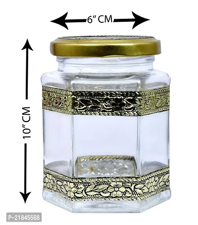 Luximal 250 ML Decorative Oxidized Airtight Hexagon Glass Jar For Kitchen Storage Container, Spice Jar Set, Jam, Honey, Jelly, Wedding Gift Item, Dried Masala Storage With Unique Design Rust Proof Gold Lid-thumb5