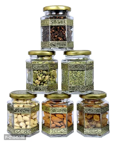 Luximal Transparent Hexa Glass Jar with Lid Kitchen Storage Box Container Jar Canister With Airtight Lid Food Organizer For Masala, Spices Jam, Dry Fruits, Pickle (Pack of 6, 250 Ml)-thumb3