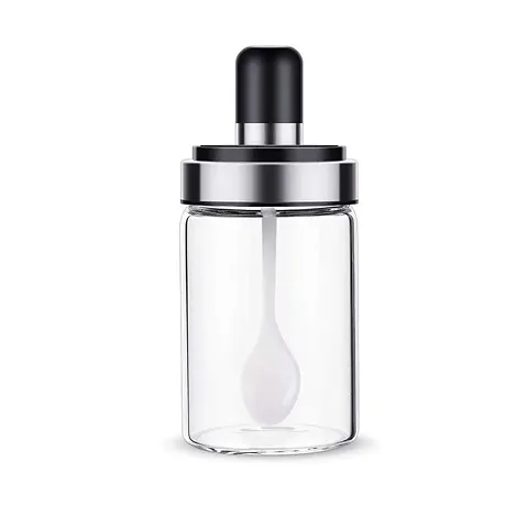Luximal Borosilicate Kitchen Food Storage Pickle Jar Set Glass Spice Jar with Spoon Bottle for Salt, Sugar, Honey and Condiment Seasoning Pot Salt Spoon Jars with Airtight Attached Lid for Home  Restaurants ( 250 ml )