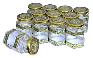 Luximal Set of 6 Decorative Oxidized Airtight Hexagon Glass Jar For Kitchen Storage Container, Spice Jar Set, Wedding Gift Item, Dried Masala Storage With Unique Design Rust Proof Gold Lid 250 Ml-thumb1