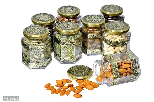 Luximal Set of 6 Decorative Oxidized Airtight Hexagon Glass Jar For Kitchen Storage Container, Spice Jar Set, Wedding Gift Item, Dried Masala Storage With Unique Design Rust Proof Gold Lid 250 Ml
