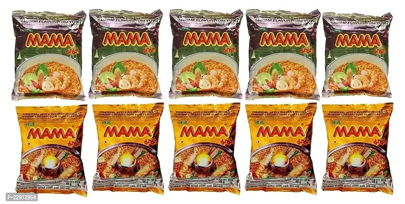 MAMA Shrimp Noodles Combo Pack of 10 - Tom Yum Shrimp and Creamy Shrimp Flavor