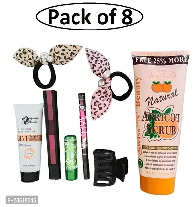 Combo Pack of Natural Apricot Scrub, 3IN1 Foundation,5IN1 Lipstick,Alovera Lipstick,EyeLiner ,Hair Clip,Hair Band(Pack of 8)