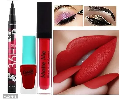 Combo Pack of 36H Eyeliner Waterproof (Black), Liquid Matte Lipstick  Nail Polish -Red Edition-thumb0