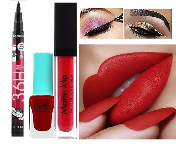 Combo Pack of 36H Eyeliner Waterproof (Black), Liquid Matte Lipstick  Nail Polish -Red Edition