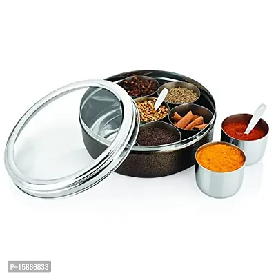 Stainless Steel Sigma Masala Dabba/Spice Container Includes 7 Containers, 2 Spoons
