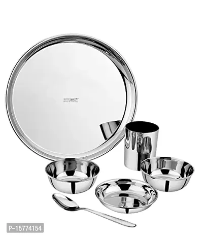 Useful Stainless Steel Thali Bhojan Set of Dinner Plate, Halwa Plate, Katori Bowl, Glass, Spoon- Set of 6-thumb0