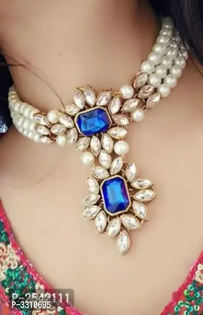 Kundan Pearl Choker Necklace Set With Earring(Color- Blue)