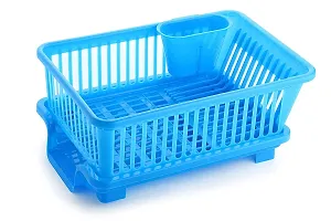 MD'S Home Kitchen 3 in 1 Plastic Sink Dish Rack Utensil Drying Rack Vessel Drainer Basket Kitchen Dish Plates Bowl Organizers Rack Cutlery Holder Washing Basket with Tray (Blue)-thumb3