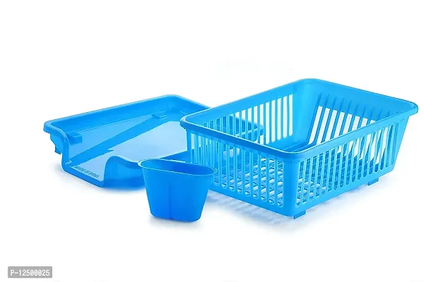 MD'S Home Kitchen 3 in 1 Plastic Sink Dish Rack Utensil Drying Rack Vessel Drainer Basket Kitchen Dish Plates Bowl Organizers Rack Cutlery Holder Washing Basket with Tray (Blue)-thumb5