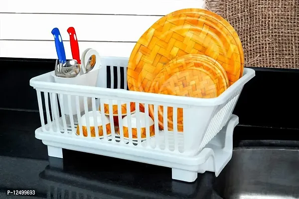 Luxor 3 in 1 Durable Plastic Kitchen Sink Dish Drainer Drying Rack Holder Basket Organizer with Tray Utensils Tools Cutlery Tray for Platform Utensils Washing Basket Holder (White)-thumb3