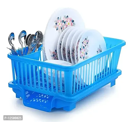 MD'S Home Kitchen 3 in 1 Plastic Sink Dish Rack Utensil Drying Rack Vessel Drainer Basket Kitchen Dish Plates Bowl Organizers Rack Cutlery Holder Washing Basket with Tray (Blue)