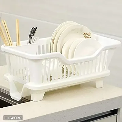 Luxor 3 in 1 Durable Plastic Kitchen Sink Dish Drainer Drying Rack Holder Basket Organizer with Tray Utensils Tools Cutlery Tray for Platform Utensils Washing Basket Holder (White)-thumb0