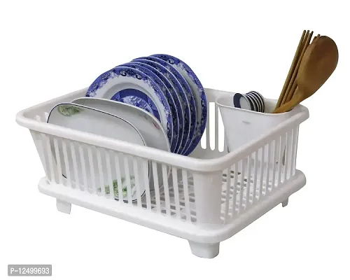 Luxor 3 in 1 Durable Plastic Kitchen Sink Dish Drainer Drying Rack Holder Basket Organizer with Tray Utensils Tools Cutlery Tray for Platform Utensils Washing Basket Holder (White)-thumb5